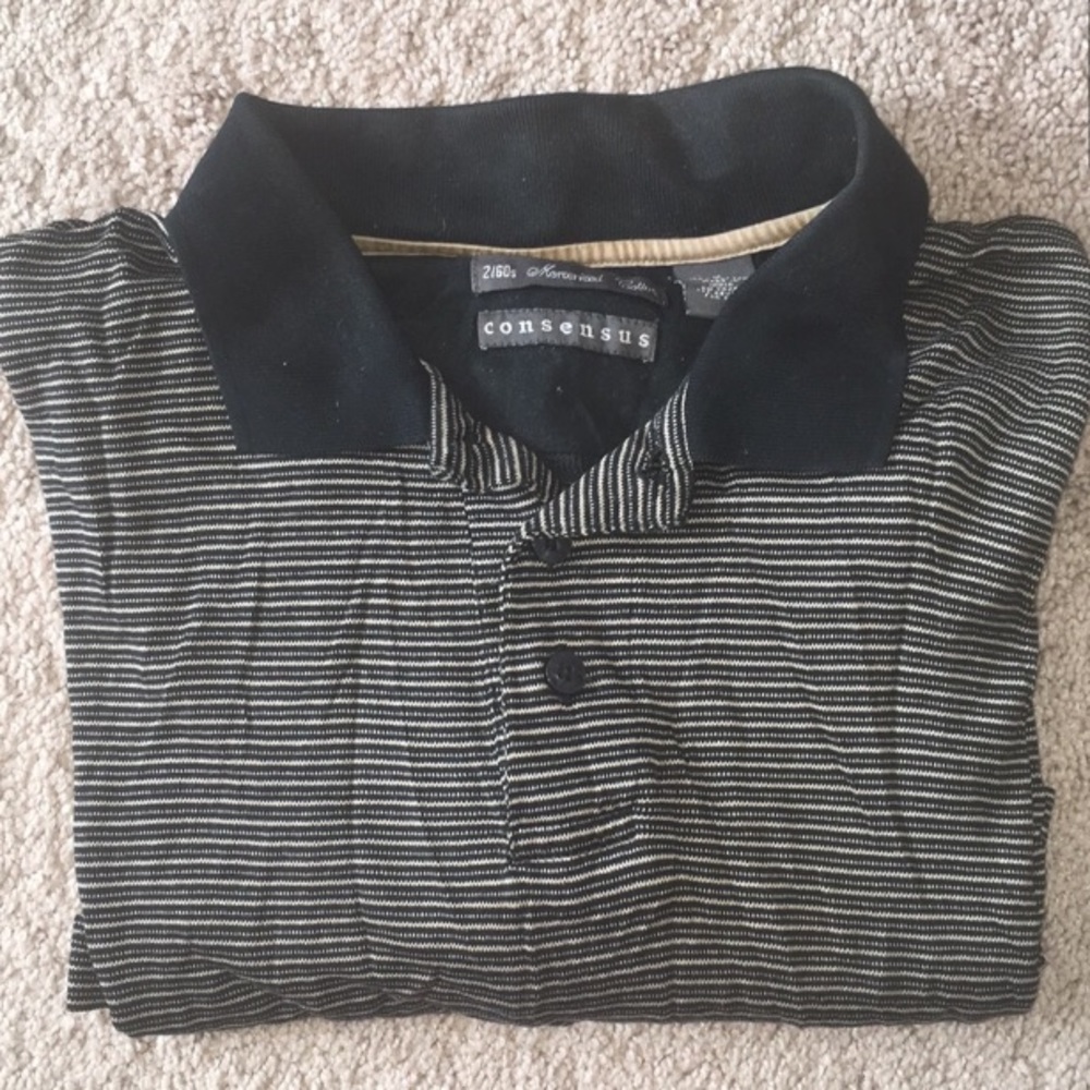 Consensus cotton black beige striped men’s polo Tshirt size medium